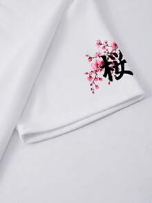 Men's Casual Japanese Sakura Samurai Design Graphic Print White Short Sleeve Crew Neck T-Shirt