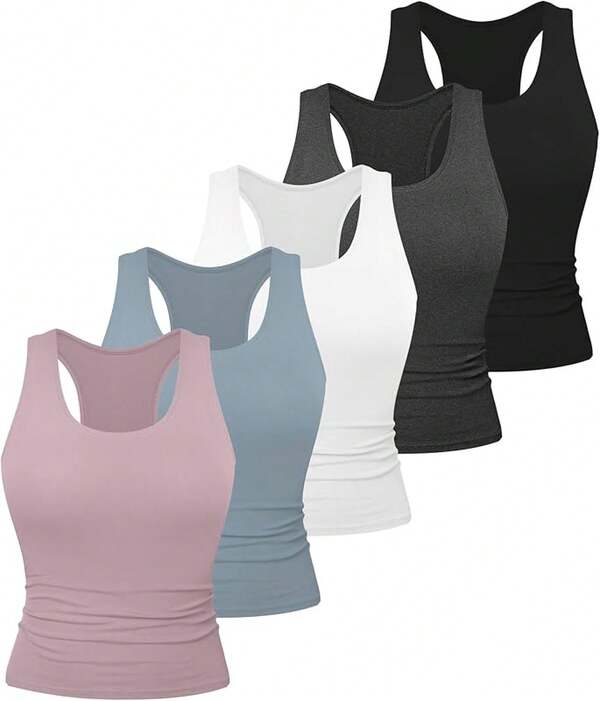 5 Pack Women's Workout Racerback Tops Spandex Yoga Athletic Running Gym Sports Crop Tops Women
