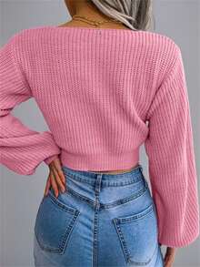 Y2K 女款短款毛衣 V 领泡泡袖腰部系带蝴蝶结纯色毛绒羊毛节日上衣