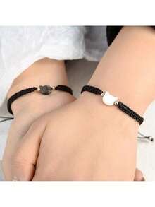 1 件可爱黑白猫编织手链，适合女士，Ins 简约手工编织绳，情侣礼物，闺蜜礼物