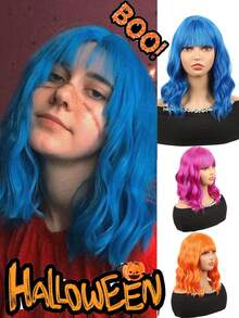 Peluca sintética resistente al calor de 14 pulgadas con flequillo, ondas de agua y ondas rizadas, de estilo Halloween, en colores naranja, azul, rosa rojo y azul mezclado, para mujeres, para uso diario, fiestas, Navidad, festivales de música, carnaval y Año Nuevo como regalo