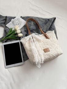 Lace Niche Design Fresh Literary Tote Bag With Bow, Fashionable And Simple Casual Handbag, Large Capacity And Highly Attractively Women's Shoulder Bag, Elegant Women's Underarm Bag, Suitable For Vacation Beach Commuting Daily Matching Photo Giving - Beige - View 9