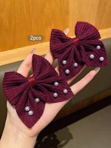 2pcs Fashionable & Sweet Bowknot Hair Clips, Suitable For Daily Use - Burgundy - View 3