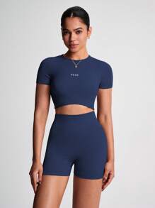 TCVC 女式无缝针织弹力圆领短袖上衣和高腰收腹骑行短裤紧身运动服套装，运动瑜伽服 - 藏蓝色 - 查看 6