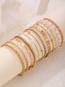 12 件复古优雅扁平蛇链、盒链、串珠链、扭纹链、水钻手链套装、创意空心心链、波浪链手链、朋克金属百搭珠宝，适合女性日常、休闲、派对 - 金色 - 查看 5