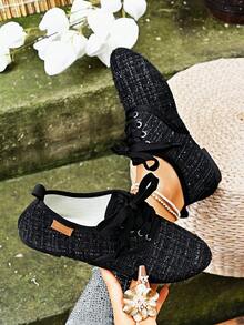 系带圆头女士时尚平底休闲鞋，优雅时尚 - 黑色 - 查看 5