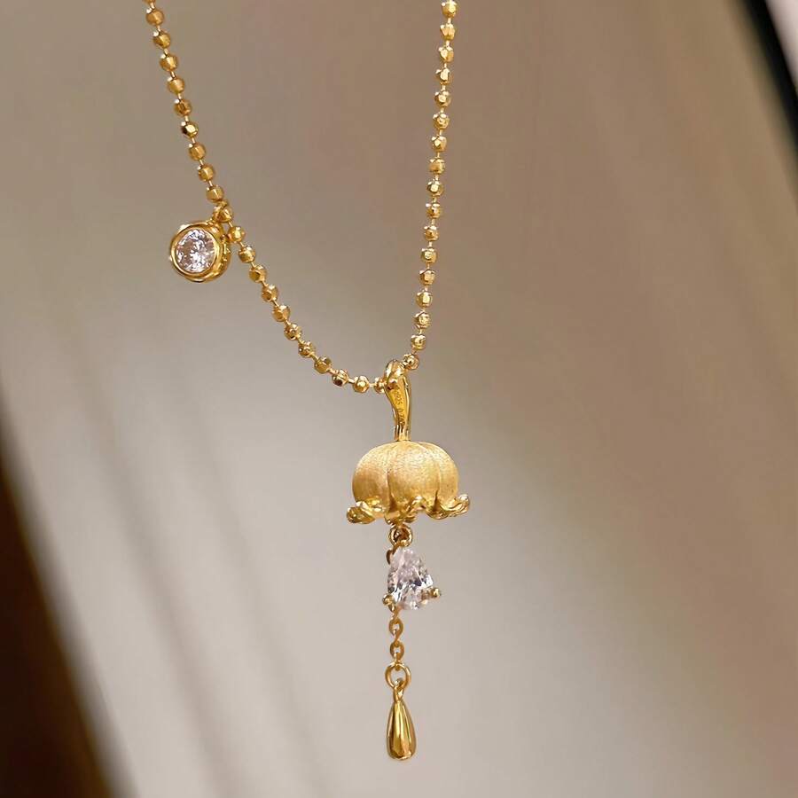 18K镀金复古风格百合花泪滴锆石吊坠项链 - 金色 - 查看 1