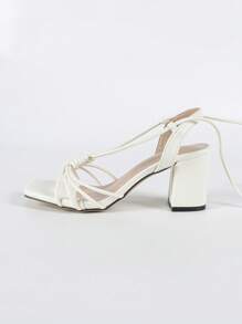 6.5 厘米白色粗跟凉鞋，时尚优雅性感系带凉鞋，适合礼服、正式场合、婚礼、派对、户外穿着，简约纯色高跟凉鞋，带腿带，适合女士 - 白色 - 查看 7