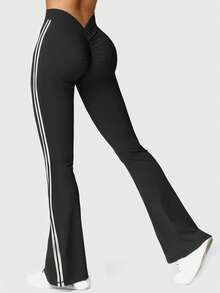 Speed mate 女士侧条纹修身阔腿裤，瑜伽运动喇叭裤，抓绒内衬，冬季款 - 黑色 - 查看 4