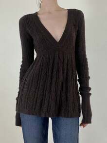 Women Cable Knit Sweater Solid V Neck Long Sleeve A-Line Pullover Tops Casual Winter Fall Clothes - màu nâu - Xem 1