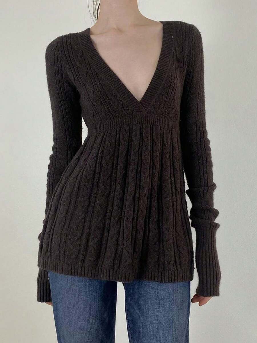 Women Cable Knit Sweater Solid V Neck Long Sleeve A-Line Pullover Tops Casual Winter Fall Clothes - màu nâu - Xem 1