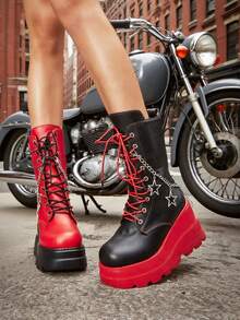 Platform Wedges Ankle Boots For Women Lace-Up Star Metal Hanging Chain Biker Boots Round Toe Side Zipper Y2K Color-Block Cosplay Party Shoes - Đen và đỏ - Xem 2