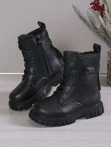 1 Pair Fashion Lace-Up Side Zipper Solid Color Minimalist Children Boots, Comfortable