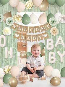 1/6/32 件鼠尾草绿色婴儿派对装饰，适合婴儿，绿色气球搭配“欢迎宝宝”横幅流苏窗帘，铝箔气球，纸花，适合波西米亚风格的婴儿派对、生日、性别揭晓派对用品 - 彩色 - 查看 4