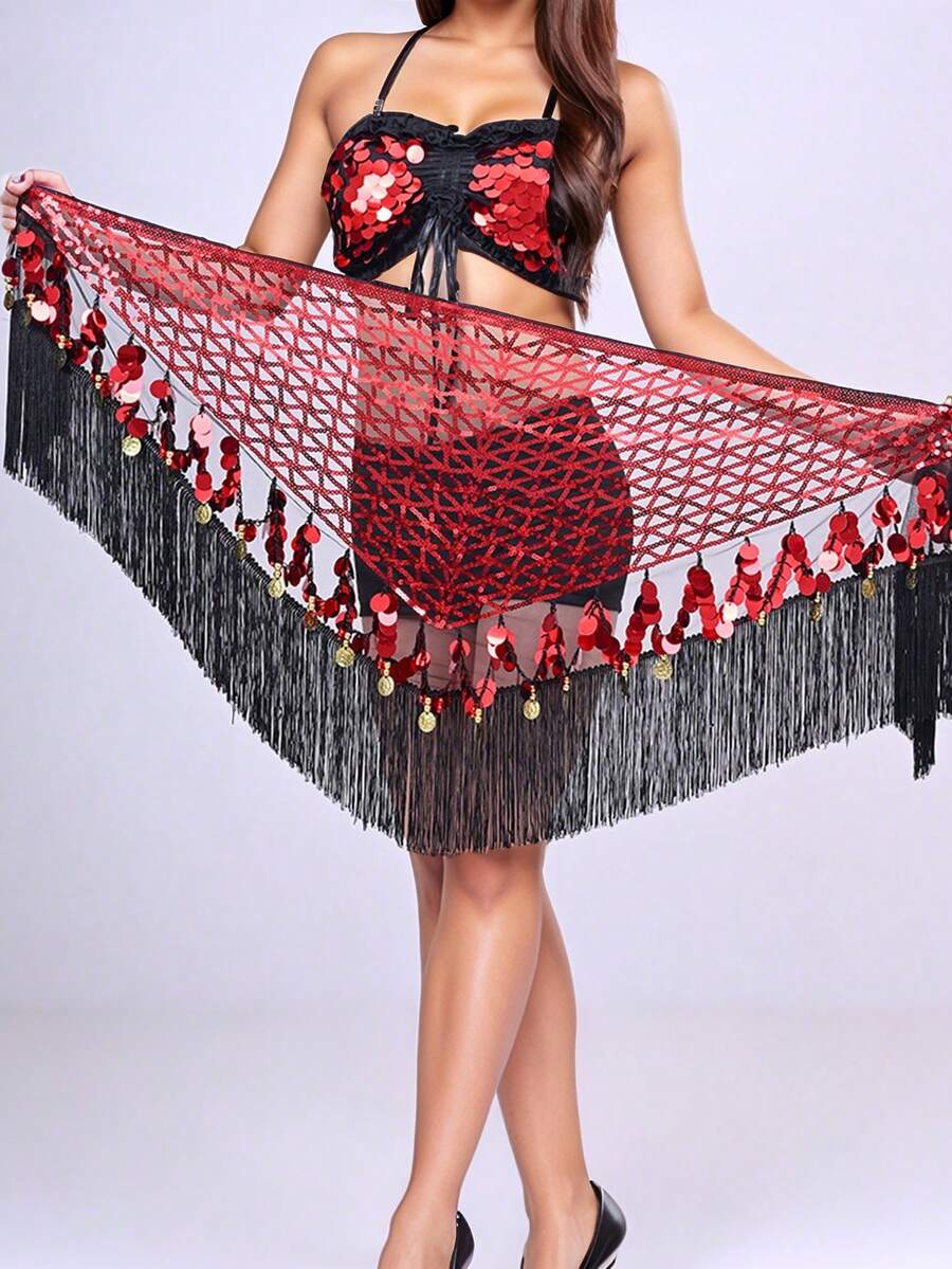 One Women's Belly Dance Hip Towel, A Triangular Coin-Embellished Hip Towel With Tassels And Sequins, Suitable For Music Festival Stage Performance Costumes And Accessories.