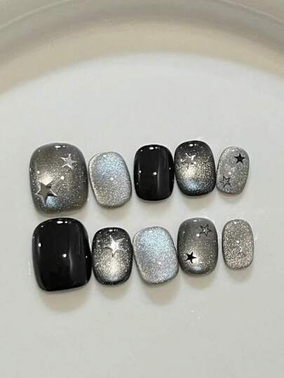 10 Pieces Of Handmade Black Silver Stars Bright Bead Cat Eye Sweet Cool Y2K Smuddy Wear Nails Daily Dating Short Square Detachable Fake Nails For Ladies Girl As A Gift Press On Nails Nail Supplies Nails
