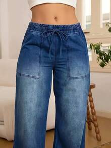 Women's Elastic Waist Loose Fashion Casual Denim Straight Jeans With Medium Stretch, Mid-Rise Design, With Pockets, Dark Blue, Featuring Drawstring Waist, Suitable For All-Season Wear, All-Season Jeans - 深藍色 - 查看 4