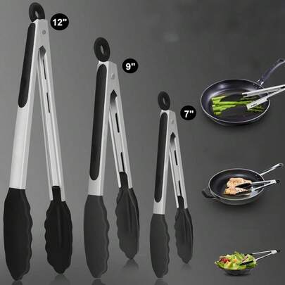 Stainless Steel Heat-Resistant Kitchen Tongs, Grill Tongs, Non-Stick Silicone Tip Tongs, Strong Grip For Grabbing Food, Tossing Salad, Air Fryer, With Locking Design, Suitable For Kitchen Cooking, Baking, Home, Outdoor Grilling, Salad
