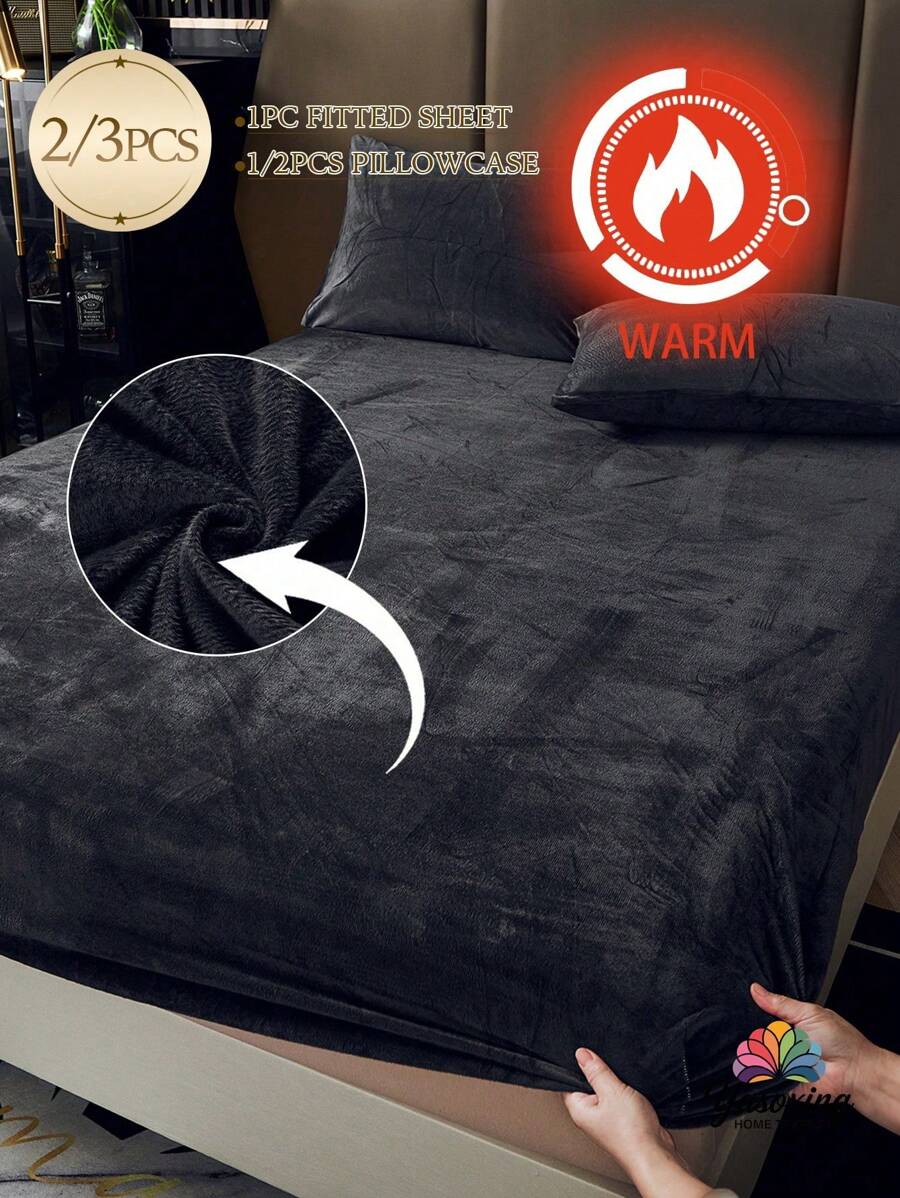 2/3 件黑色天鹅绒床笠套装温暖柔软纯色毛绒床笠套装特大号双人床尺寸，奢华超柔软舒适床单，带 11.8 英寸深口袋，适合秋冬和春季 1 件床笠 + 1/2 件枕套宿舍床上用品返校床上用品