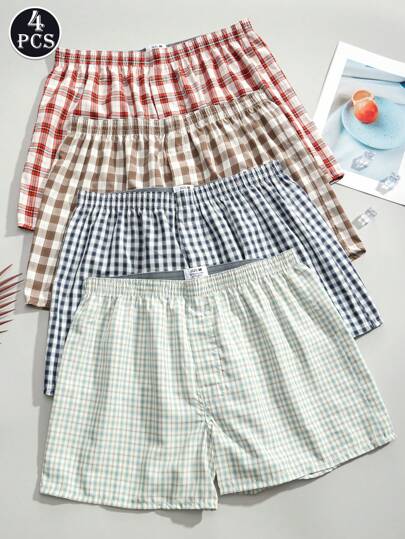 4 Pcs/Pack Men's Breathable Elastic Waist Printed Boxer Shorts, Loose Casual Underwear