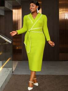 Women Long Sleeve Ruched Wrap V Neck Sheath Office Dress Color Block Midi Party Wear To Work Dresses With Belt,Fall Women Clothes - 綠色 - 查看 1