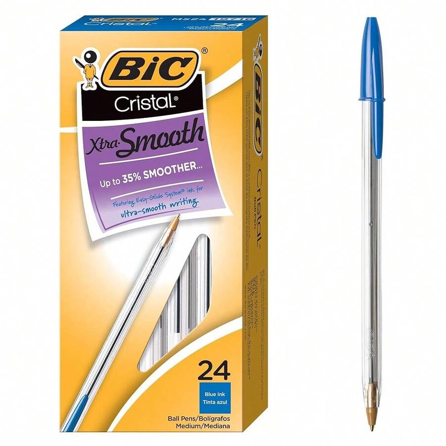 BIC Cristal Xtra Smooth Blue Ballpoint Pens, Medium Point (1.0mm), 24-Count Pack, Extra Smooth And Reliable Ballpoint Pens-858451 - 藍色 - 查看 1
