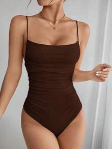 Women's Summer Bodysuit, Thin Straps With Ruched Side Details - Cà phê nâu - Xem 1