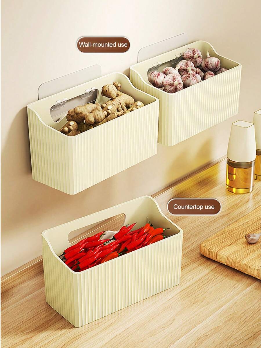 1 pieza Caja de almacenamiento montada en la pared para cocina y baño con función de drenaje, estante de almacenamiento montado en la pared, cesta colgante para pared de cebolla, jengibre, ajo y condimentos, sin necesidad de taladrar, organizador de baño y cocina para el hogar, adecuado para almacenar cebollas, jengibre, ajo, líquido lavavajillas, cepillo, esponja, limpiador, peine, tijeras, champú, pimienta, aceite de cocina, gel de baño, limpiador facial.