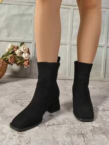 1 Par de Botas Femininas de Cor Sólida, Sexy, Retalhos de Tecido, Cano Médio, Salto Grosso, Adequado para Festa, Todas as Estações