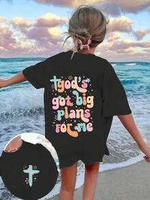 Girls' 'God's Big Plans' Graphic Tee - Inspirational Scripture Print With Star & Cross Accents For Faithful Teens | Comfortable, Casua ,Artistic Alphabet Accents Short Sleeve Top, Energetic Casual Shirt For Big Girls - màu đen - Xem 1
