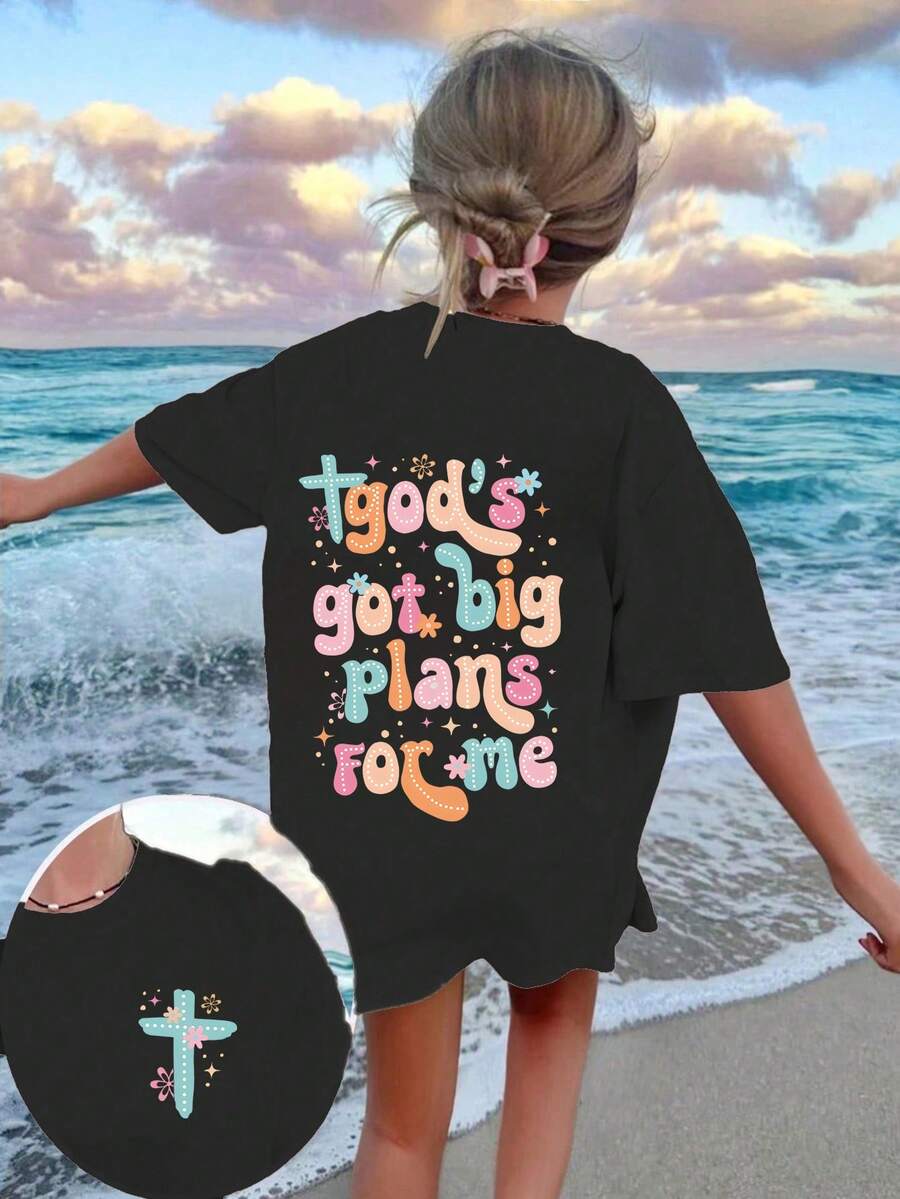 Girls' 'God's Big Plans' Graphic Tee - Inspirational Scripture Print With Star & Cross Accents For Faithful Teens | Comfortable, Casua ,Artistic Alphabet Accents Short Sleeve Top, Energetic Casual Shirt For Big Girls - màu đen - Xem 1