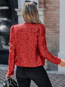 ChicMe 女式闪亮亮片前开襟西装外套，带垫肩，泡泡袖，长袖，纯色，时尚别致，适合派对鸡尾酒会 - 紅色 - 查看 3