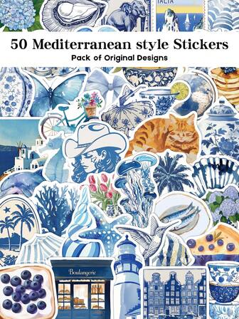 YWWBLD 50pcs Blue-Toned Mediterranean Style Stickers Used For Laptop Clipboards, Luggage, Skateboards, Helmets, And Decorations, It Can Be Given As A Holiday Gift To Good Friends.