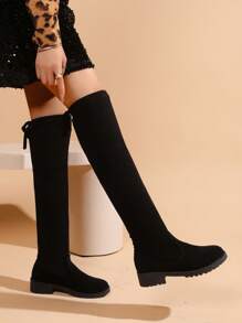 1 Pair Chunky Heel Round Toe Versatile Thigh High Boots, Black Tall Boots, Flat Boots For Teenage Girls - Black - View 6