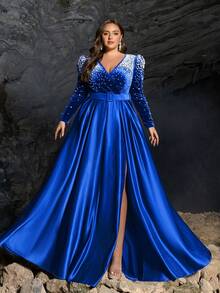 Faeriesty فستان سهرة ذو فتحة عميقة على شكل حرف V مع تطريز باللؤلؤ، جسم مصنوع من الأحمر الداكن والتنورة من الساتان | أكمام طويلة مع خصر مناسب وحزام مطابق | تصميم رسمي فاخر وأنيق | مثالي للحفلات الكبرى والزفاف والحفلات الرسمية