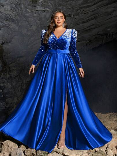 Faeriesty Figurbetontes Abendkleid, tiefer V-Ausschnitt, Samtoberteil mit Perlenverzierungen kombiniert mit Satinrock | Langarm, taillierter Schnitt, passender Gürtel und sexy Beinschlitz | Luxuriöses Abendkleid | Perfekt für formelle Dinners, Hochzeiten, Galas und Rotlicht-Veranstaltungen