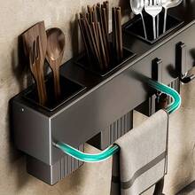 60cm Wall Mounted Kitchen Knife Holder With Chopstick Holder, Steel Knife Holder With 10 Hooks, Multi-Function Storage Organizer, Knife Holder Organizer For Hanging Spoon Chopsticks, Kitchen Organizer Shelf, Black Color