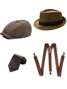 D EXCEED 3/4 pièces Accessoires pour hommes des années 1920 : Chapeau Fedora style gangster, bretelles Y-Back et nœud papillon pré-noué. Ensemble pour hommes des Années folles : Casquette Newsboy Ivy pour une fête sur le thème de Gatsby le Magnifique