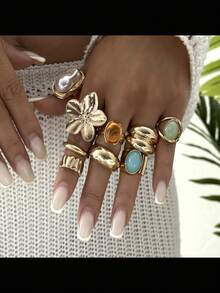9pcs/Set French Minimalist Personalized Design Metal Vintage Ring Set, Suitable For Parties, Gifts, Daily Wear - Multicolor - View 4