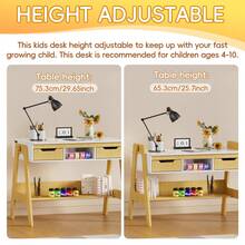 FXLTSBL Children's Desk Made Of Solid Pine Wood, Natural/White - Desk With Tilt-Adjustable Tabletop, Beautiful Youth Desk With 2 Drawers - Khaki - View 3