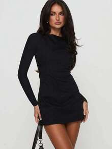 Elegante y de moda vestido mini ajustado con cuello redondo, manga larga y tirantes, nuevo artículo de otoño, vestido de mujer para otoño, vestido negro de primavera - Negro - Ver 7