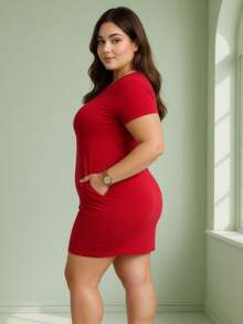 Plus Size Simple Casual Pocket Dress - 紅色 - 查看 2