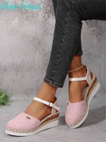 Foot Flair Women Plus Size Color-Block Strap Backless Flat Rope-Sole Sandals, Beach Resort Style, Summer New Lightweight Thick-Sole Roman Sandals - Pink - View 3