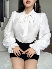 abyoxi 女士白色V领蝴蝶结领长袖休闲办公衬衫，秋冬款 - 白色 - 查看 5