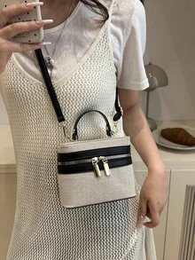 复古简约拼色小盒子手提包、女士单肩包 - 黑色 - 查看 2
