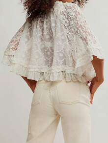 Women's Lace 3/4 Sleeve Mesh Top Crew Neck Sheer Blouse See Through Floral Embroidery Loose Tops - trắng - Xem 4