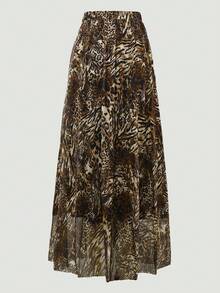 女式豹纹网眼全印花 A 字裙，简约时尚休闲日常波西米亚全印花 - 彩色 - 查看 1