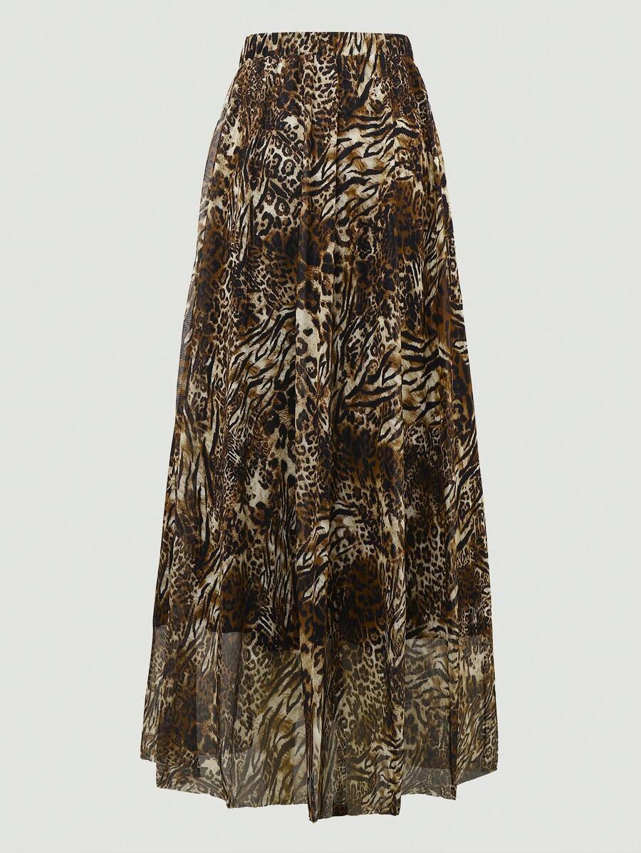 女式豹纹网眼全印花 A 字裙，简约时尚休闲日常波西米亚全印花 - 彩色 - 查看 1