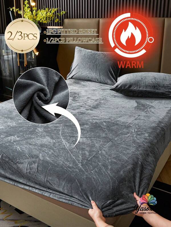 2/3pcs Gray Velvet Fitted Sheet Set Warm Soft Solid Fuzzy Fitted Sheet Set King Queen Full Twin Size, Luxury Super Soft Cozy Comfy Bottom Sheet With 11.8" Deep Pocket,Suitable For Fall Winter And Spring 1Fitted Sheet+1/2Pcs Pillowcases Domitory Bedding Back School Bedding