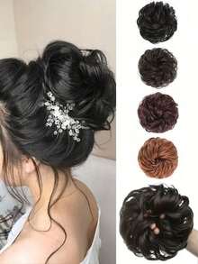Élégant chouchou pour queue de cheval avec chignon décoiffé, chignon, accessoire de cheveux pour usage quotidien, fête, cosplay. Chouchou en cheveux synthétiques bouclés avec élastique - décoration de chignon en forme de donut, créer un look décoiffé à la mode, cadeau idéal, chouchou pour queue de cheval, chouchou, élastiques à cheveux, tenue d'automne - Multicolore - Voir 4